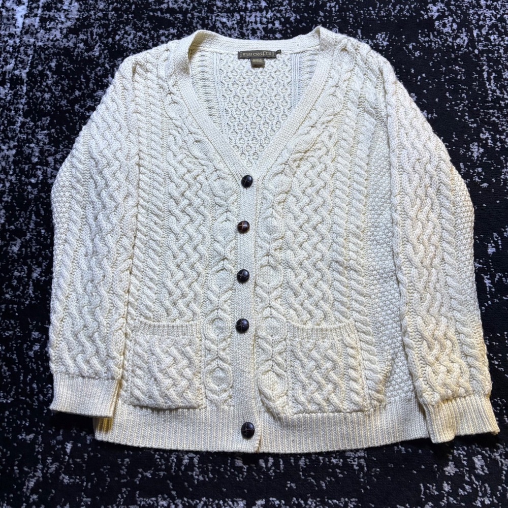 Vintage Inis Crafts Merino Wool Aran Cable Knit Cardigan Sweater Cream Ireland L